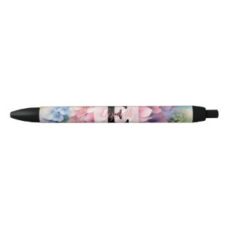 Floral watercolor monogram pink hydrangea  zwarte inkt pen