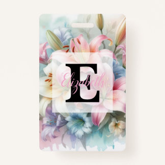 Floral watercolor monogram pink lilies flowers  badge
