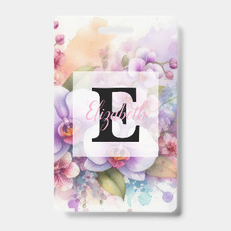 Floral watercolor monogram pink orchid flowers  badge