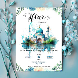 Floral Watercolor Mosque ramadan Iftar Invitation Kaart