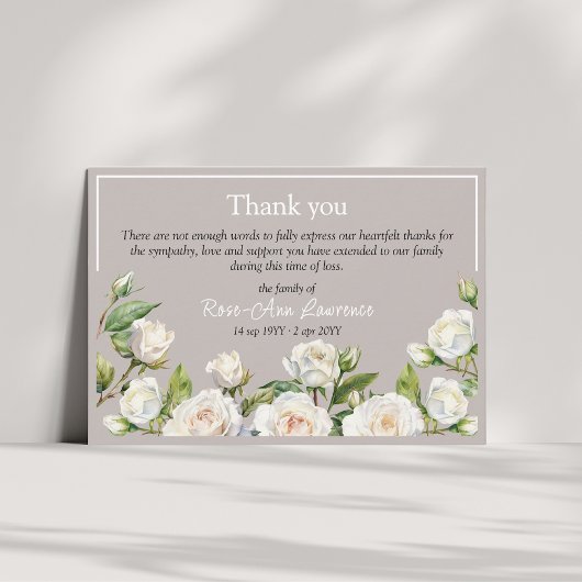 Floral watercolor white roses frame funeral bedankkaart