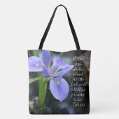 Floral (wateriris) w/ vers van Luke 1:45 Tote Bag (Achterkant)
