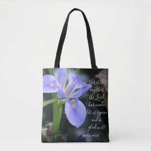 Floral (wateriris) w/ vers van Psalm 118:24 Tote Bag