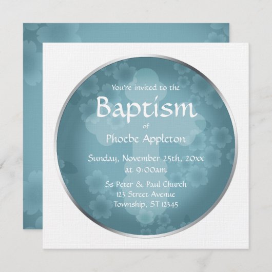 Floral Watermark Slate Blue Baptism Invitations Kaart (Voorkant / Achterkant)