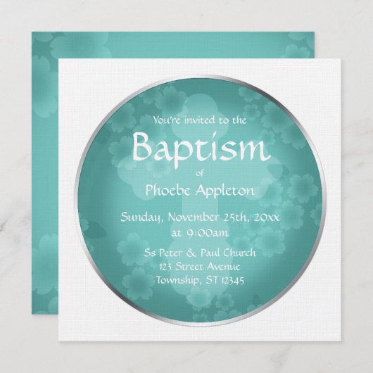 Floral Watermark Turquoise Baptism Invitations Kaart (Voorkant / Achterkant)