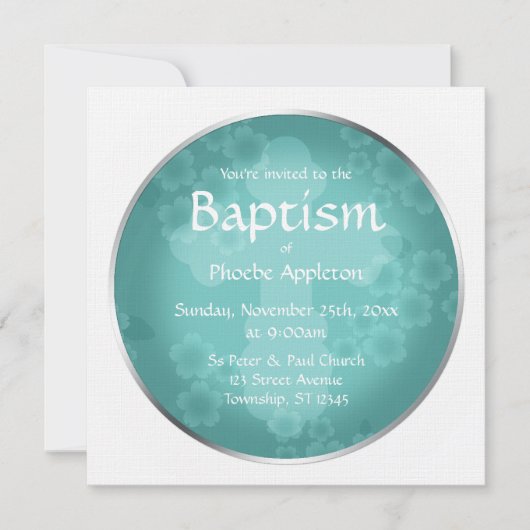 Floral Watermark Turquoise Baptism Invitations Kaart (Voorkant)