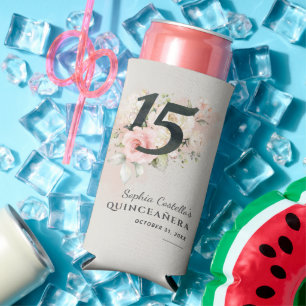 Floral Waterverf 15th Birthday Quinceanera Script Seltzer Blikjeskoeler