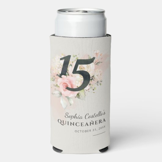 Floral Waterverf 15th Birthday Quinceanera Script Seltzer Blikjeskoeler (Seltzer Achterkant)