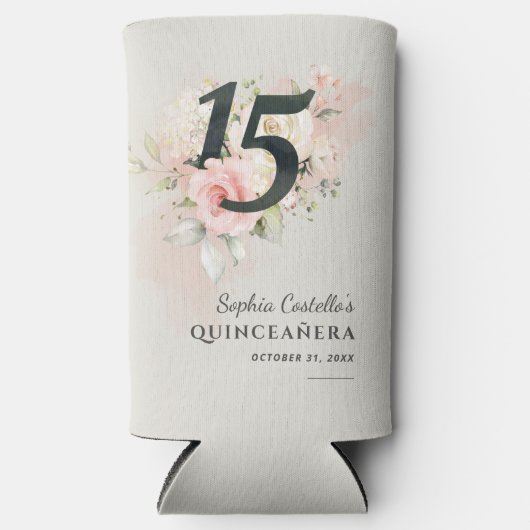 Floral Waterverf 15th Birthday Quinceanera Script Seltzer Blikjeskoeler (Voorkant)