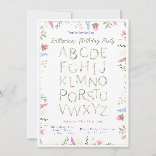 Floral Waterverf Alphabet ABC Verjaardagsuitnodigi Kaart (Voorkant)