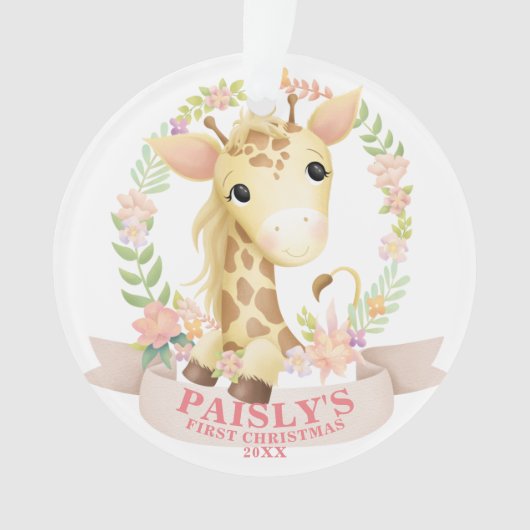Floral Waterverf Baby Giraffe kerstfoto Ornament (voorkant)