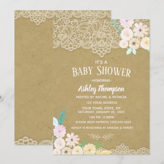 Floral Waterverf Baby shower Roze en kant Kaart (Voorkant / Achterkant)