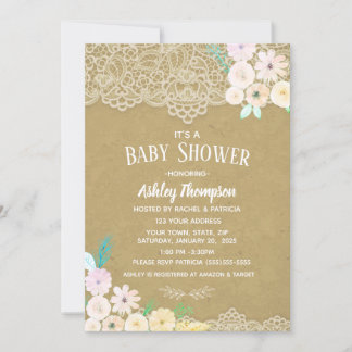 Floral Waterverf Baby shower Roze en kant Kaart