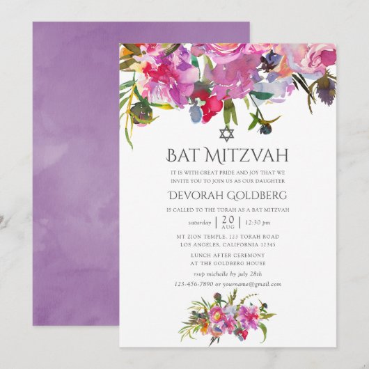  Floral Waterverf Bat Mitzvah Kaart (Voorkant / Achterkant)