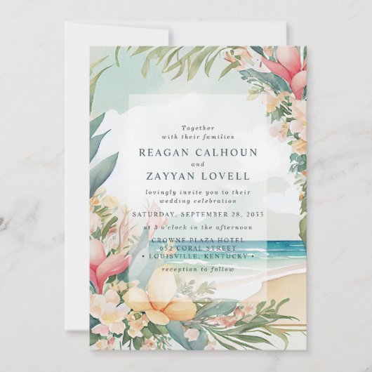 Floral Waterverf Beach Foliage Wedding Kaart (Voorkant)