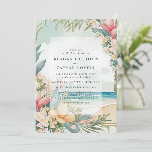Floral Waterverf Beach Foliage Wedding Kaart (Staand voorkant)