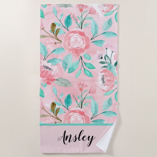Floral Waterverf Beach Towel Strandlaken (Voorkant)