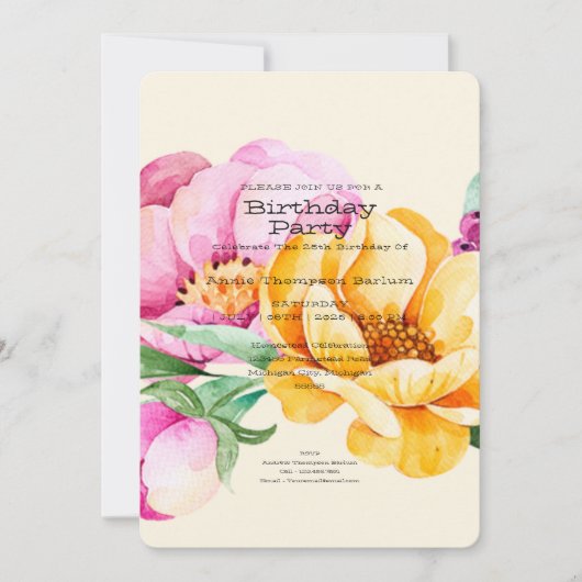 Floral Waterverf Birthday Uitnodiging (Voorkant)