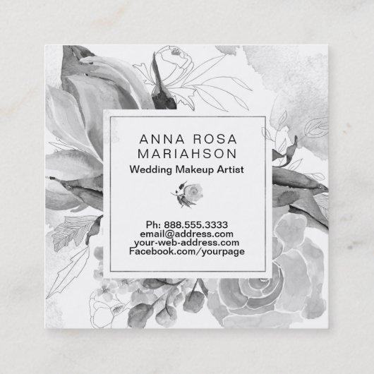 *~* Floral Waterverf Black White Grey Bouquet Vierkante Visitekaartje (Achterkant)