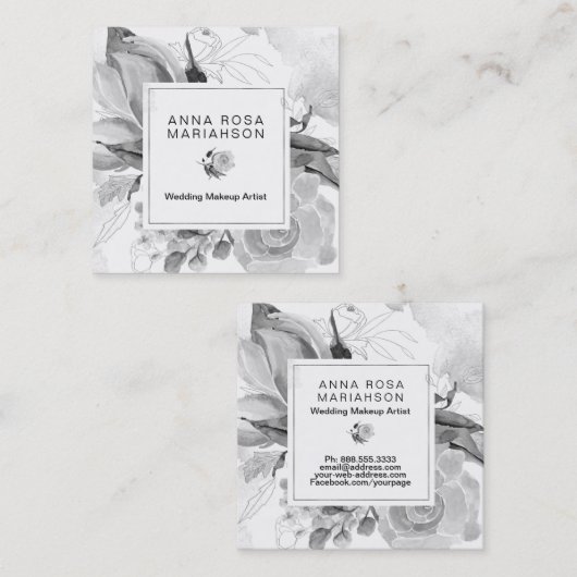 *~* Floral Waterverf Black White Grey Bouquet Vierkante Visitekaartje (Voorkant / Achterkant)