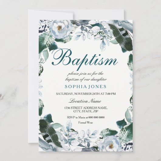 Floral Waterverf Blauwgroen Groene Baptisme Uitnod Kaart (Voorkant)