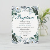 Floral Waterverf Blauwgroen Groene Baptisme Uitnod Kaart (Staand voorkant)