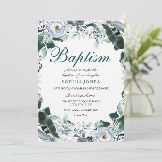 Floral Waterverf Blauwgroen Groene Baptisme Uitnod Kaart (Staand voorkant)