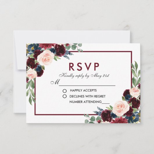 Floral Waterverf Blue Burgundy Wedding RSVP (Voorkant)