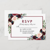 Floral Waterverf Blue Burgundy Wedding RSVP (Voorkant / Achterkant)