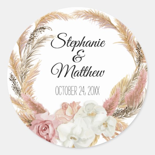 Floral Waterverf Blush Boho Pampas Palm Wedding Ronde Sticker (Voorkant)