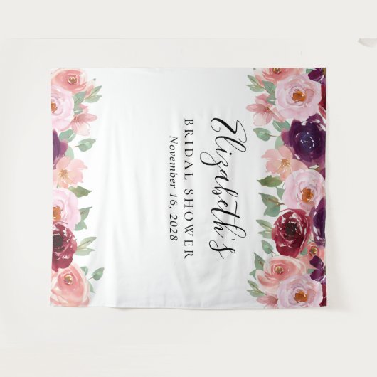 Floral Waterverf Blush Burgundy Vrijgezellenfeest Wandkleed (Voorkant (horizontaal))