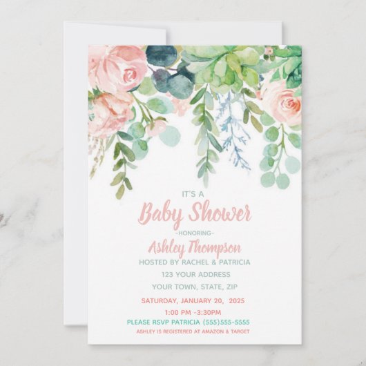 Floral Waterverf Blush Roze Baby shower Kaart (Voorkant)