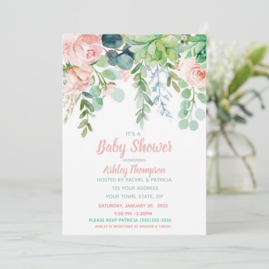 Floral Waterverf Blush Roze Baby shower Kaart (Staand voorkant)