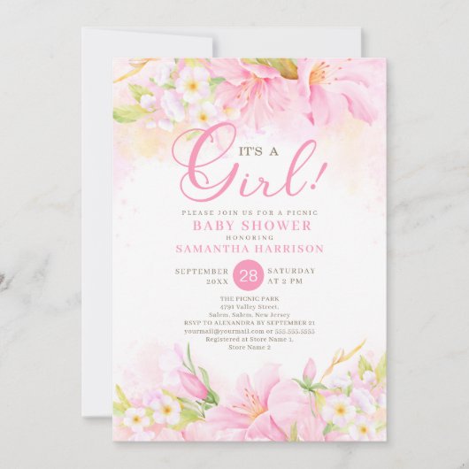 Floral Waterverf Boho Pink Picnic Baby shower Kaart (Voorkant)