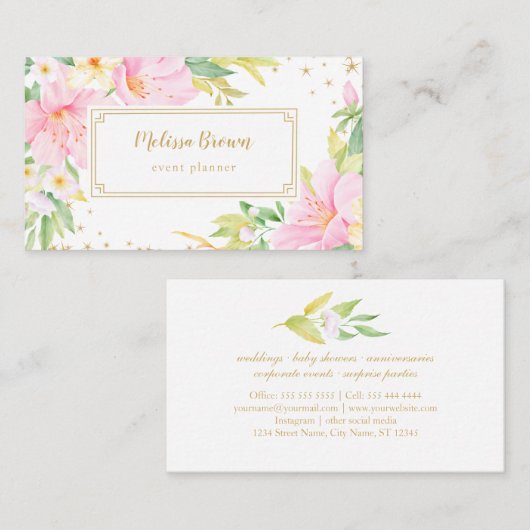 Floral Waterverf Botanische roze gebeurtenissenpla Visitekaartje (Voorkant / Achterkant)