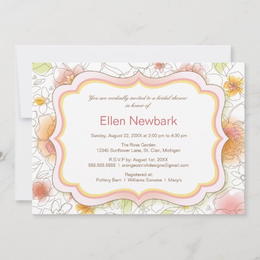 Floral Waterverf Bridal Shower Invitation - Roze Kaart (Voorkant)