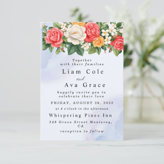 Floral Waterverf bruiloft uitnodiging Elegant Roos (Staand voorkant)