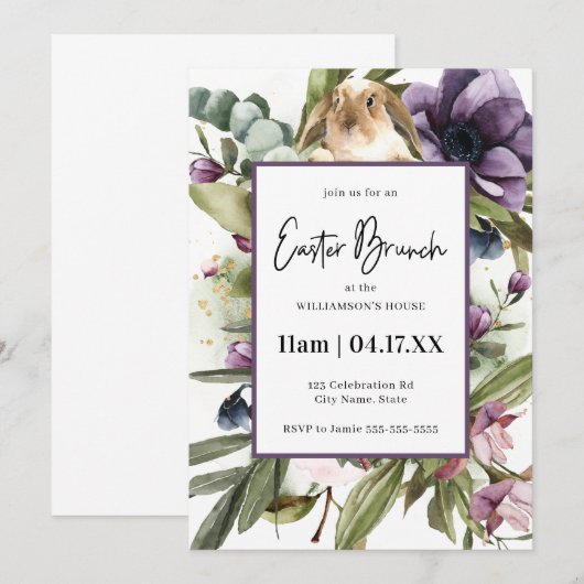 Floral Waterverf Bunny Easter Brunch Kaart (Voorkant / Achterkant)