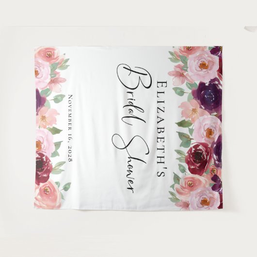 Floral Waterverf Burgundy Blush Vrijgezellenfeest Wandkleed (Voorkant (horizontaal))