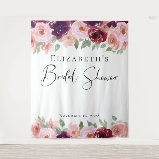 Floral Waterverf Burgundy Blush Vrijgezellenfeest Wandkleed (Voorkant)