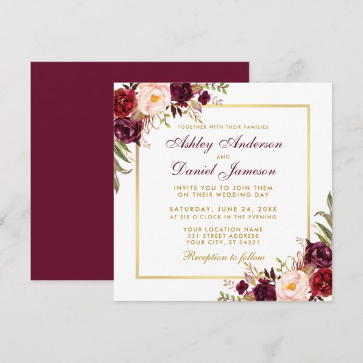 Floral Waterverf Burgundy Gold Wedding Kaart SB (Voorkant / Achterkant)