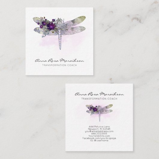 *~* Floral Waterverf Burgundy Pink Dragonfly Vierkante Visitekaartje (Voorkant / Achterkant)
