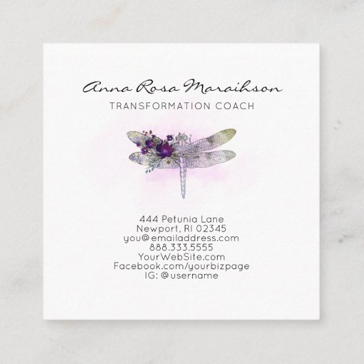*~* Floral Waterverf Burgundy Pink Dragonfly Vierkante Visitekaartje (Achterkant)