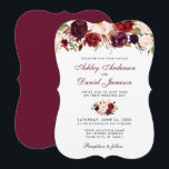 Floral Waterverf Burgundy Wedding Invitation B Kaart<br><div class="desc">Elegant Burgundy Marsala Waterverf Floral and Gold Wedding Invitation - Burgundy Back - Bracket Style</div>