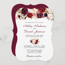 Floral Waterverf Burgundy Wedding Invitation B Kaart