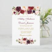 Floral Waterverf Burgundy Wedding Invitation BG Kaart (Staand voorkant)