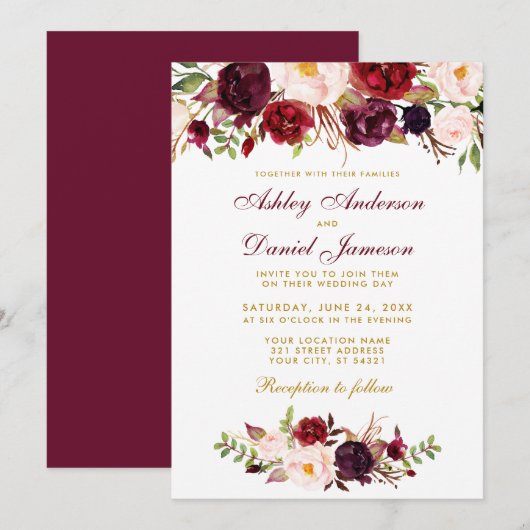 Floral Waterverf Burgundy Wedding Invitation BG Kaart (Voorkant / Achterkant)