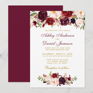 Floral Waterverf Burgundy Wedding Invitation BG Kaart