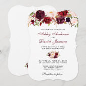 Floral Waterverf Burgundy Wedding Invitation BR Kaart (Voorkant / Achterkant)