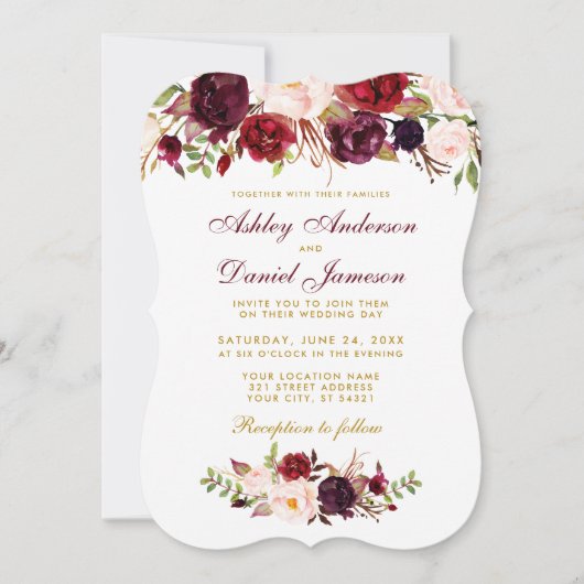 Floral Waterverf Burgundy Wedding Invitation GB Kaart (Voorkant)